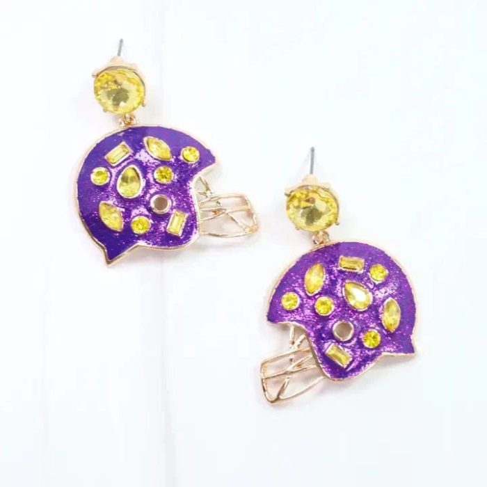 Purple & Gold Rhinestone Helmet Earrings - Image 2
