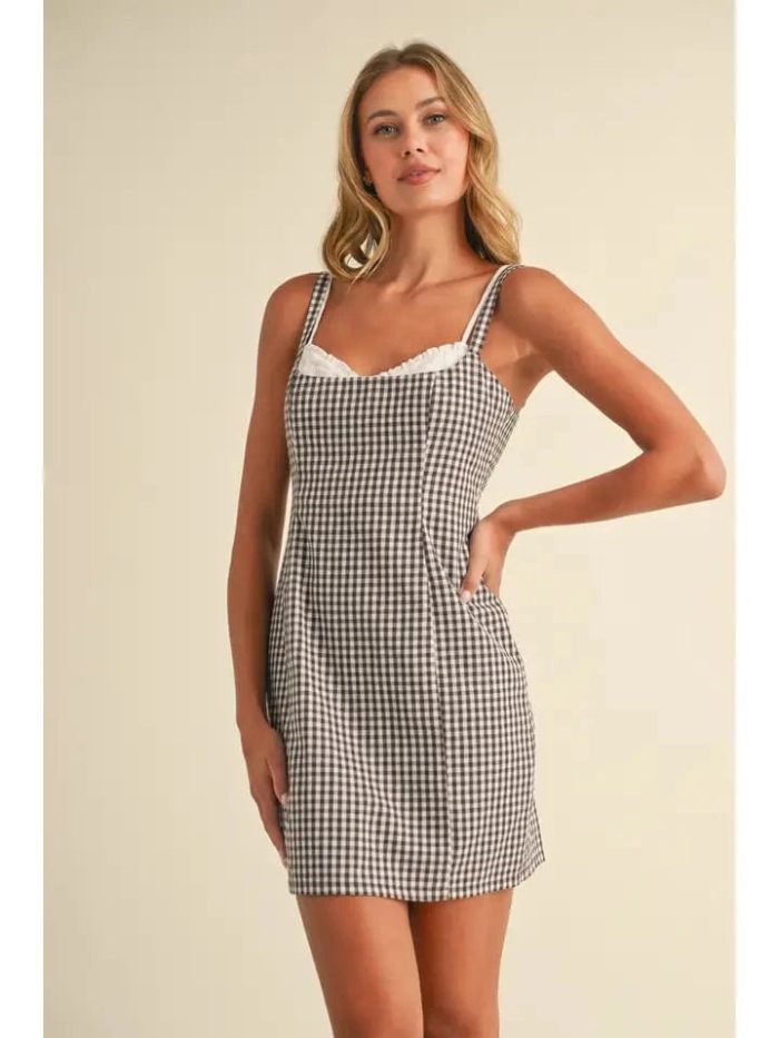 Brown Checkered Sweetheart Mini Dress