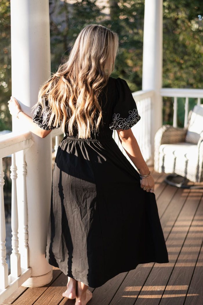 Black Embroidered V-Neck Midi Dress - Image 2