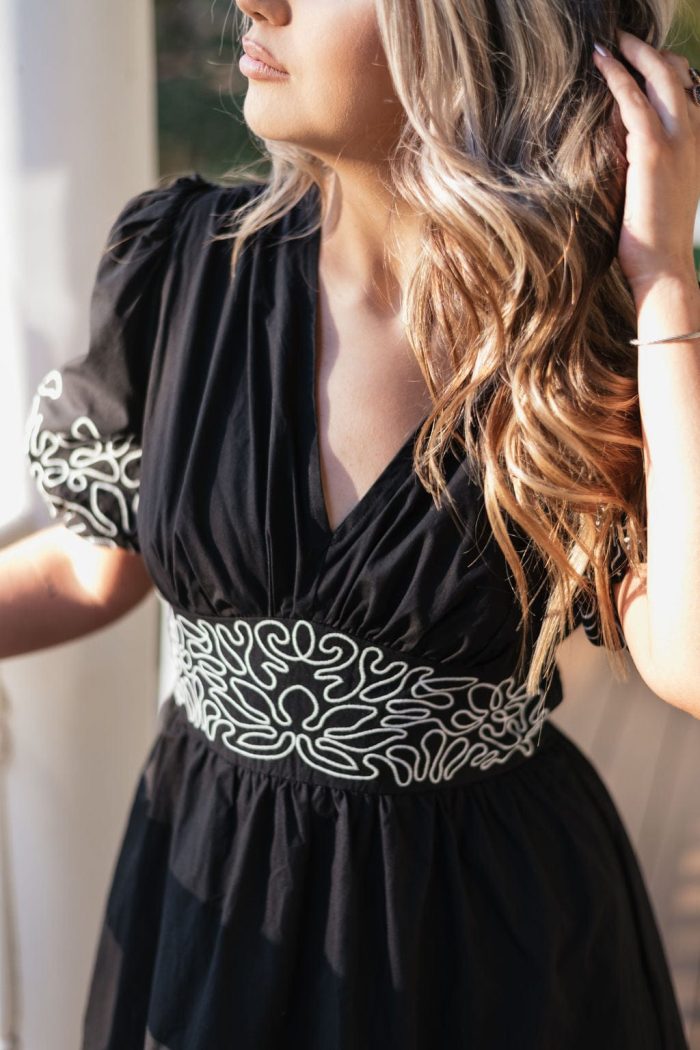 Black Embroidered V-Neck Midi Dress - Image 3