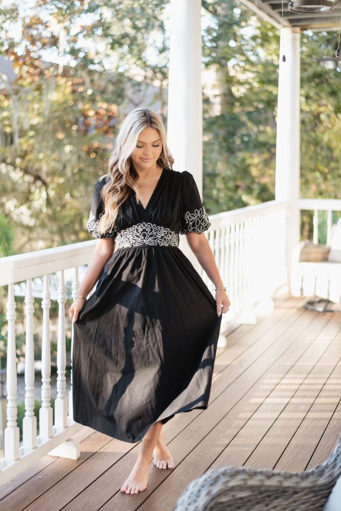 Black Embroidered V-Neck Midi Dress - Image 4