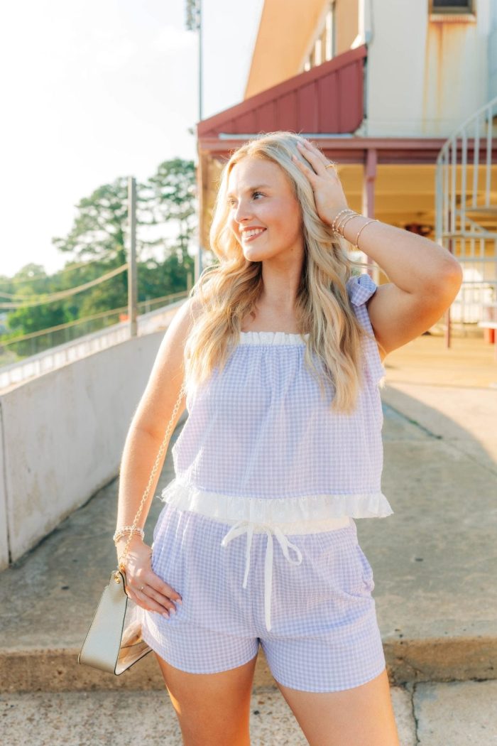 Purple Gingham Ruffle Trim Short Set