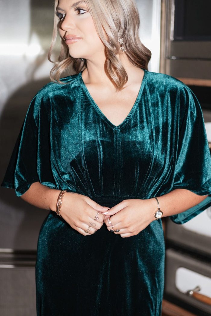 Green Velvet Kimono Sleeve Midi Dress - Image 3