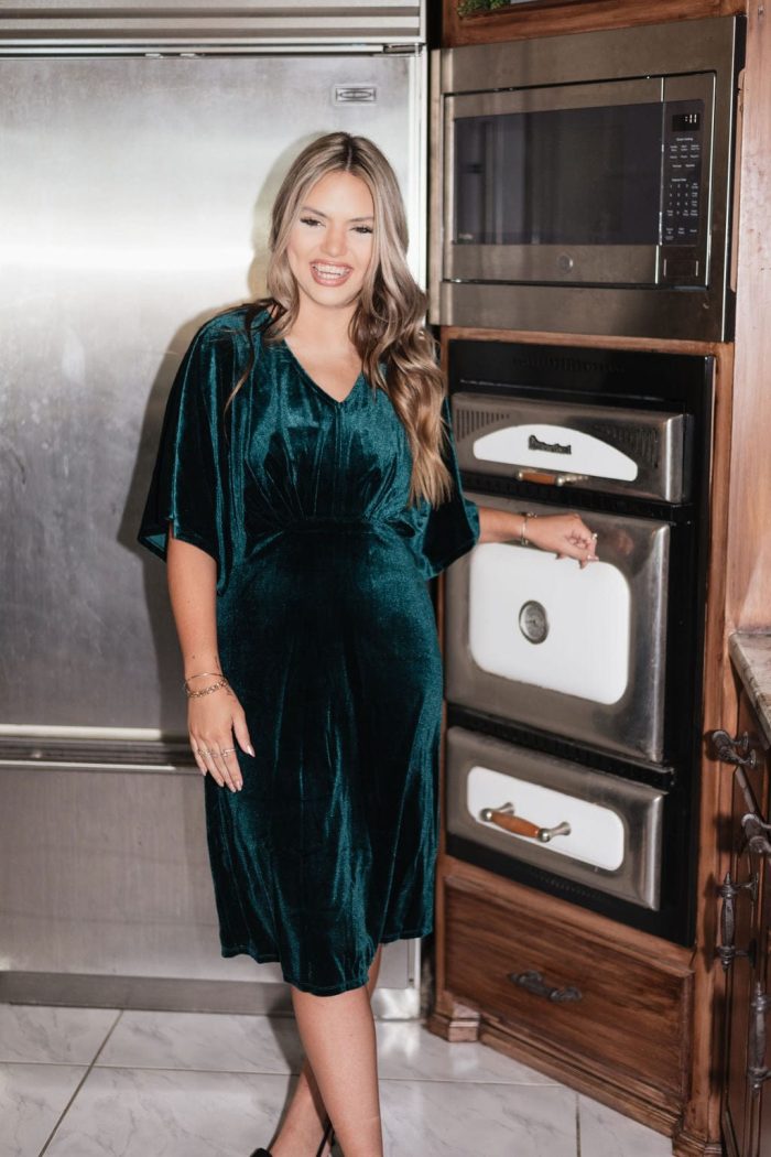 Green Velvet Kimono Sleeve Midi Dress - Image 4