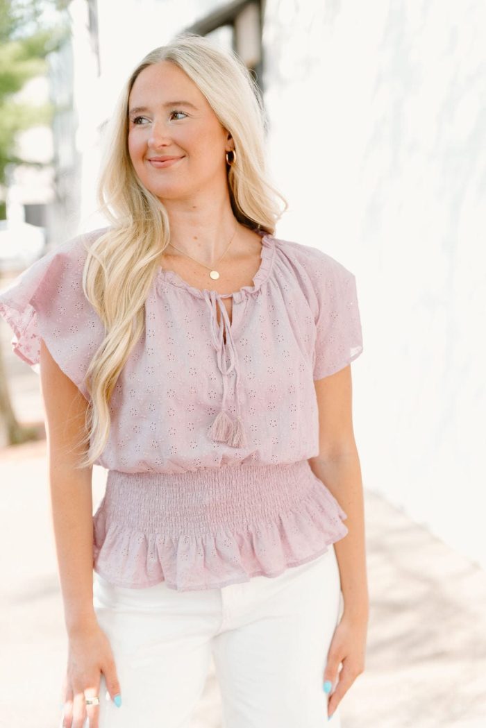 Lavender Eyelet Lace Smocked Blouse