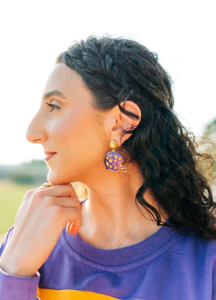 Purple & Gold Rhinestone Helmet Earrings