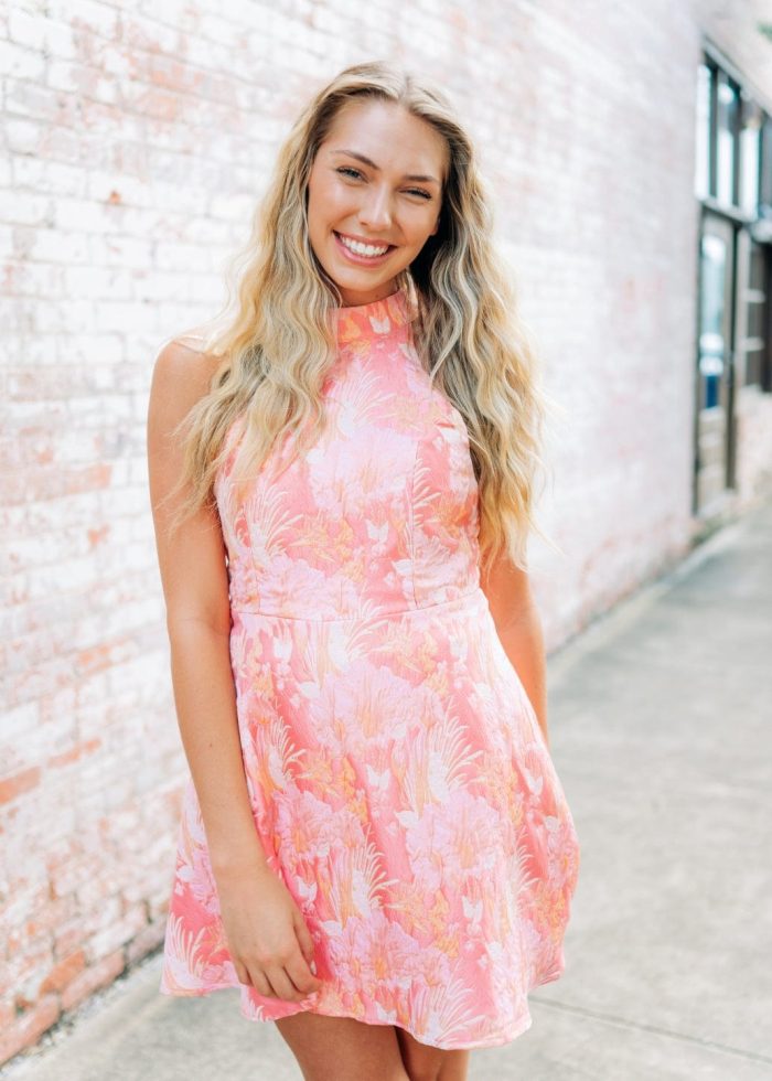 Pink Floral Jacquard Halter Dress - Image 5