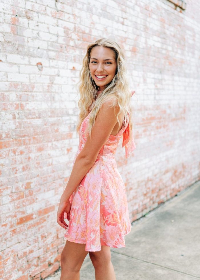Pink Floral Jacquard Halter Dress - Image 3
