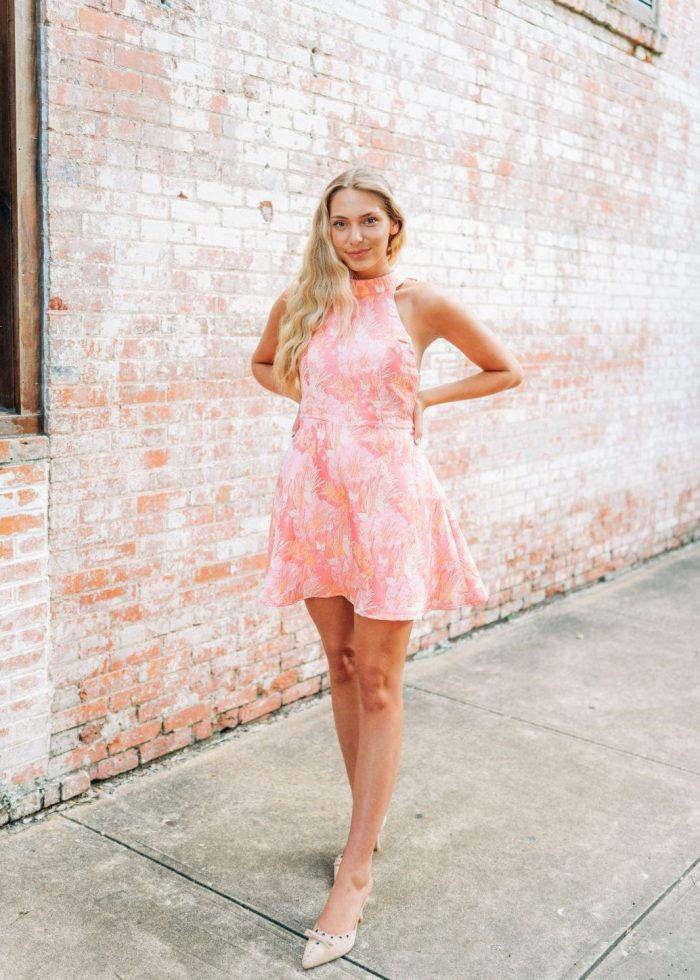 Pink Floral Jacquard Halter Dress - Image 4