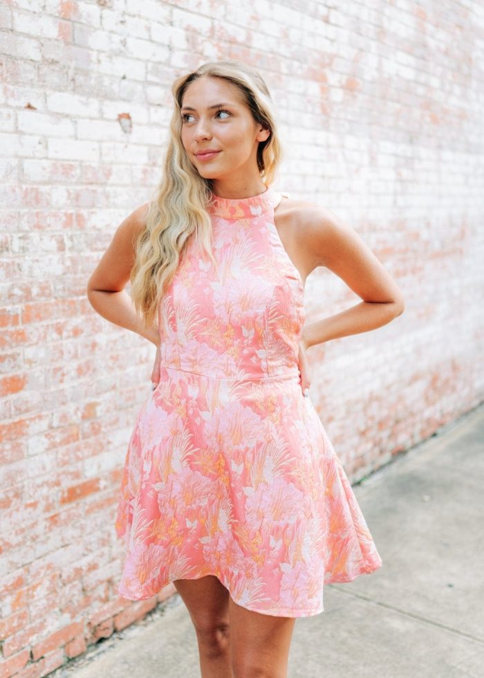 Pink Floral Jacquard Halter Dress