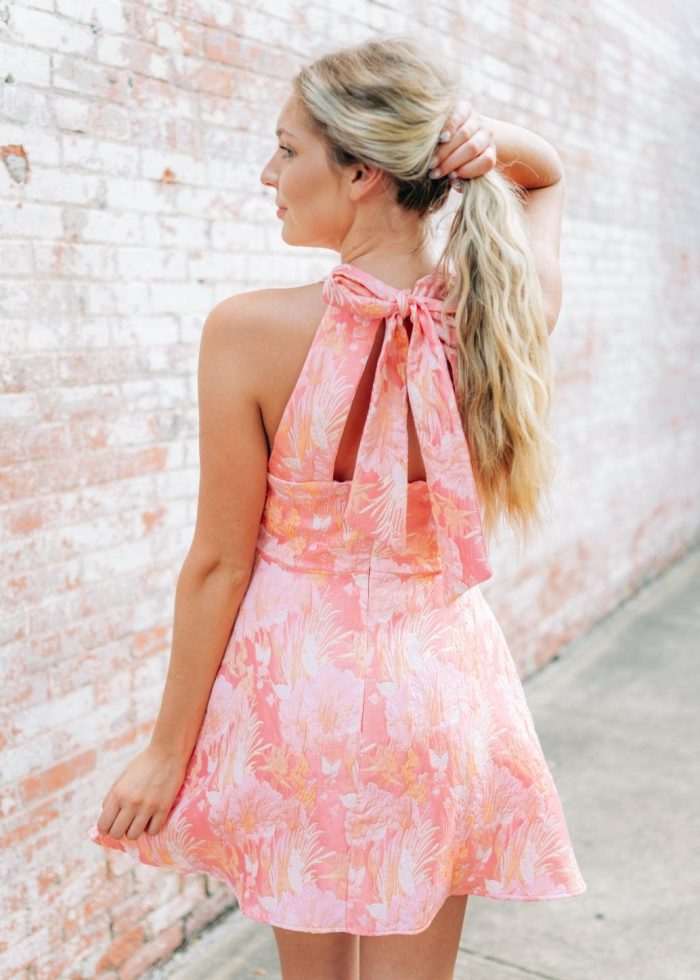 Pink Floral Jacquard Halter Dress - Image 2