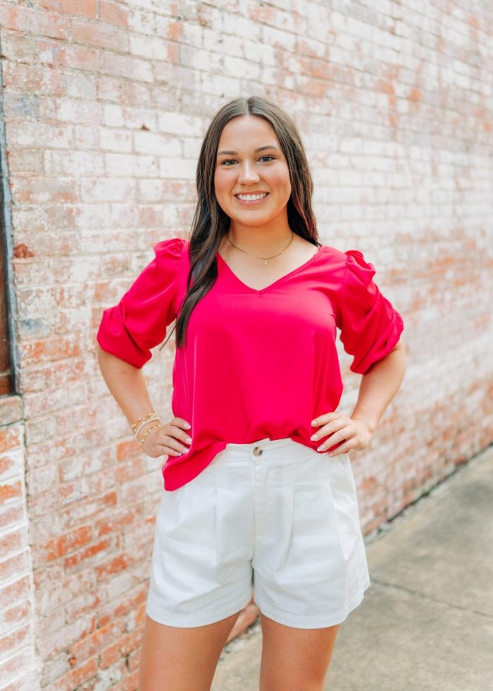 Pink V-Neck Balloon Sleeve Blouse - Image 6