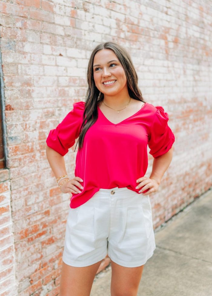 Pink V-Neck Balloon Sleeve Blouse - Image 5