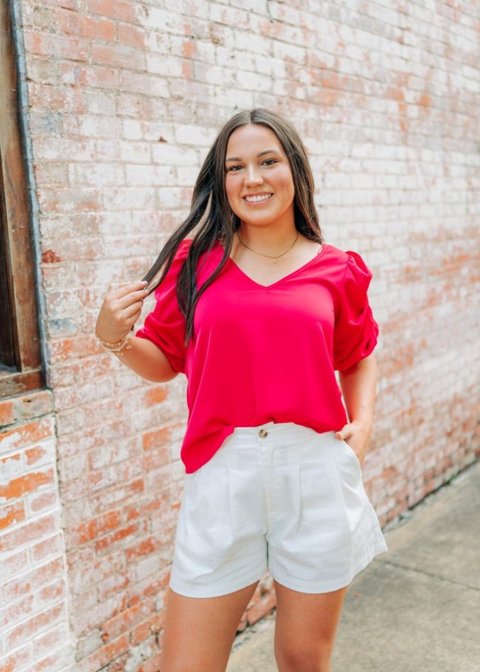 Pink V-Neck Balloon Sleeve Blouse