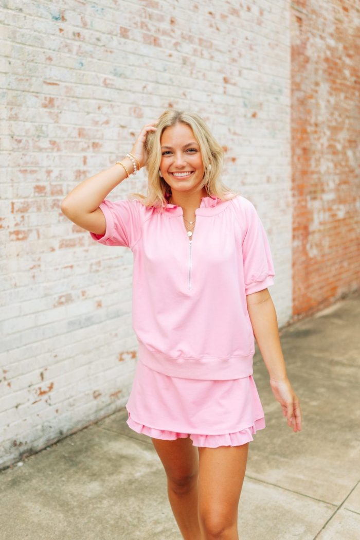 Pink Zip Up Ruffle Skort Set