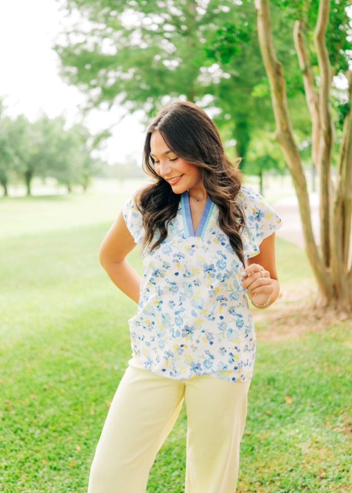 Blue & Yellow Floral V-Neck Blouse - Image 5