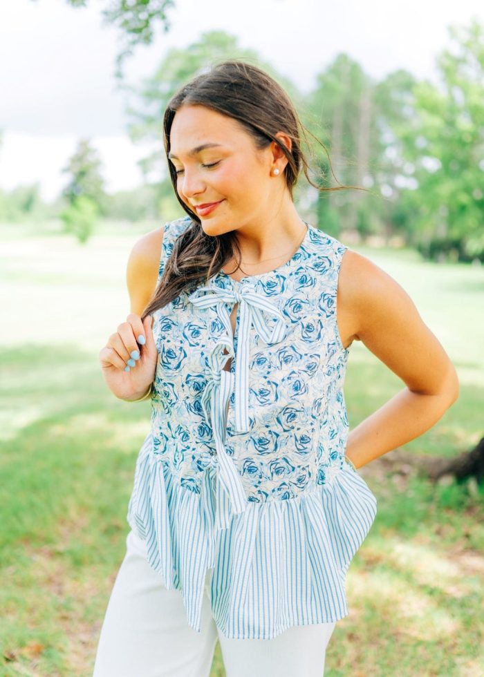 Blue Floral & Stripe Peplum Bow Top - Image 4