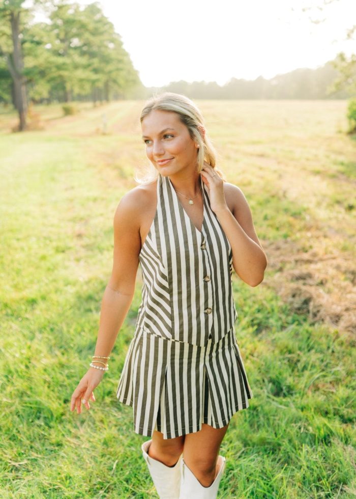 Brown Striped Pleated Vest Dress