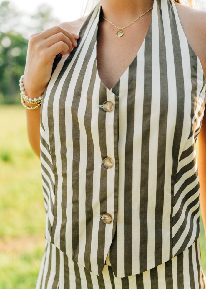 Brown Striped Pleated Vest Dress - Image 5