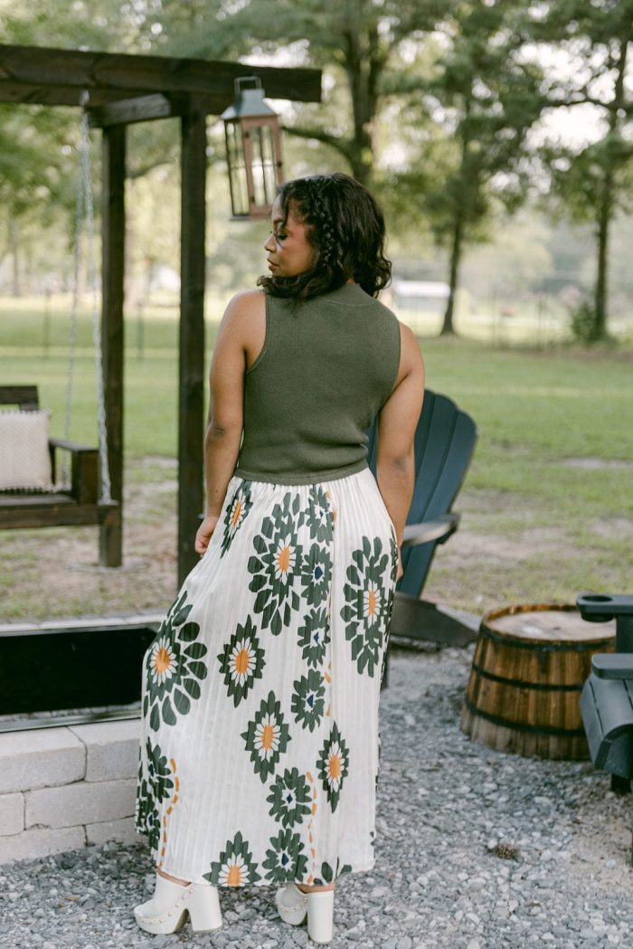 Olive Floral Pleated Midi Dress - Image 2
