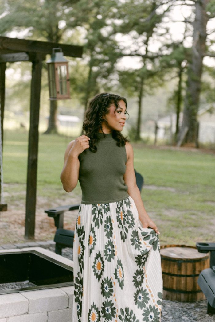 Olive Floral Pleated Midi Dress - Image 3