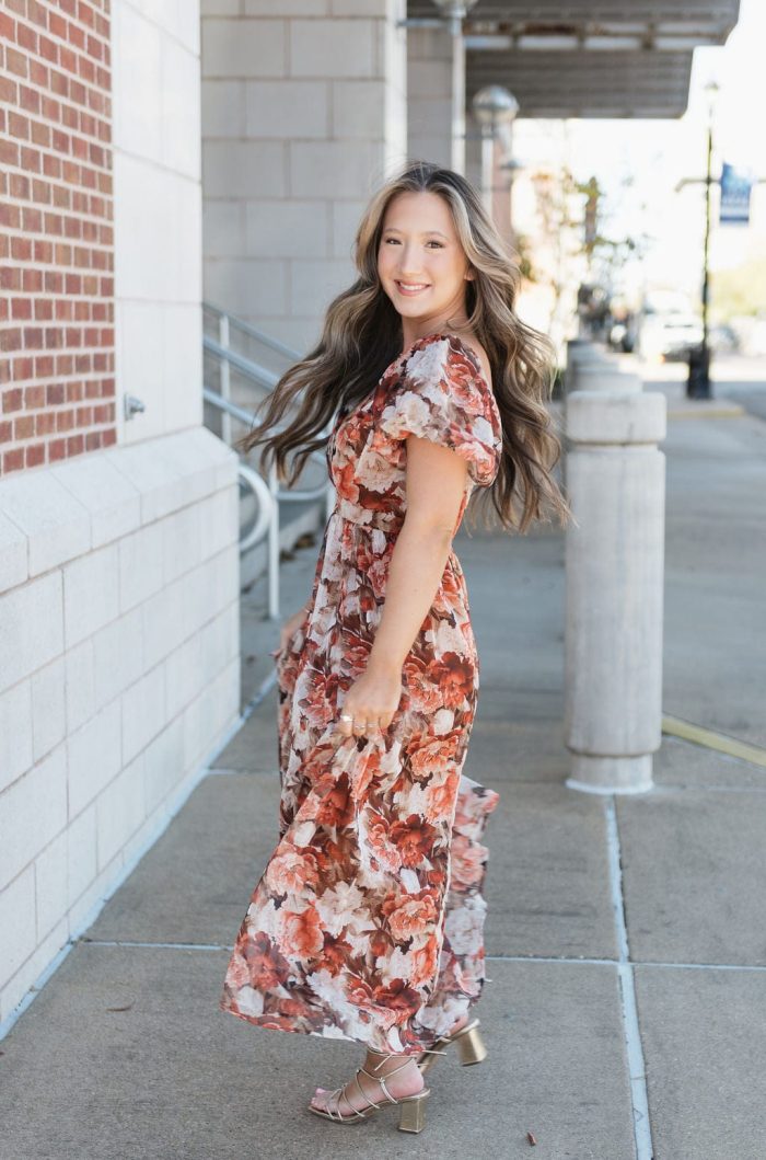Rust Floral Puff Sleeve Midi Dress - Image 6