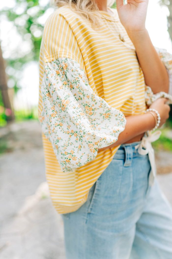 Yellow Floral Short Puff Sleeve Top - Image 5
