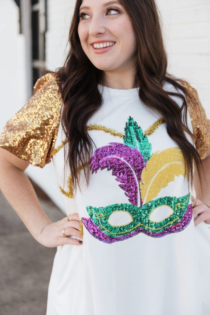 White Sequin Mardi Gras Mask Dress - Image 3