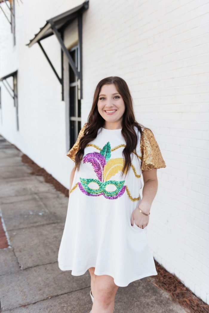 White Sequin Mardi Gras Mask Dress - Image 5
