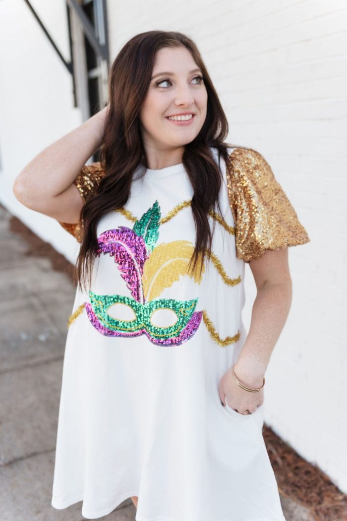 White Sequin Mardi Gras Mask Dress - Image 6