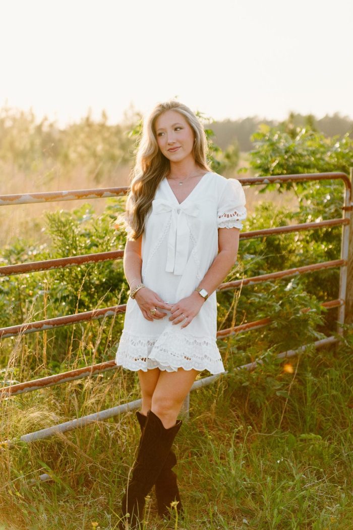 White Eyelet Lace Bow Front Dress