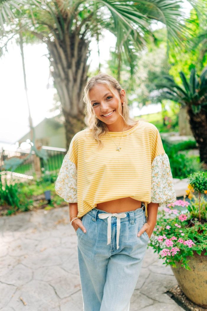 Yellow Floral Short Puff Sleeve Top - Image 3