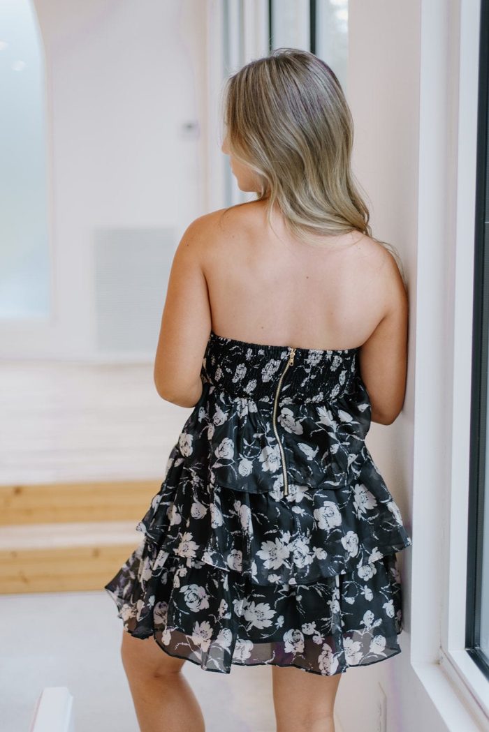 Black Floral Corset Strapless Dress - Image 2