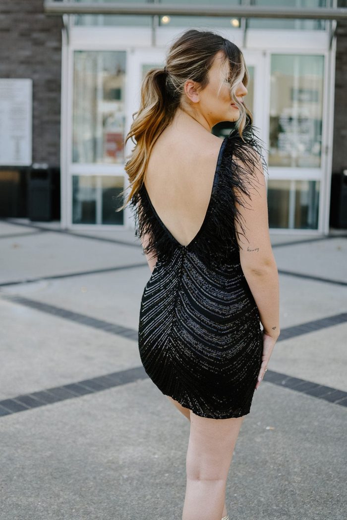 Black Sequin Feather Cocktail Dress - Image 6