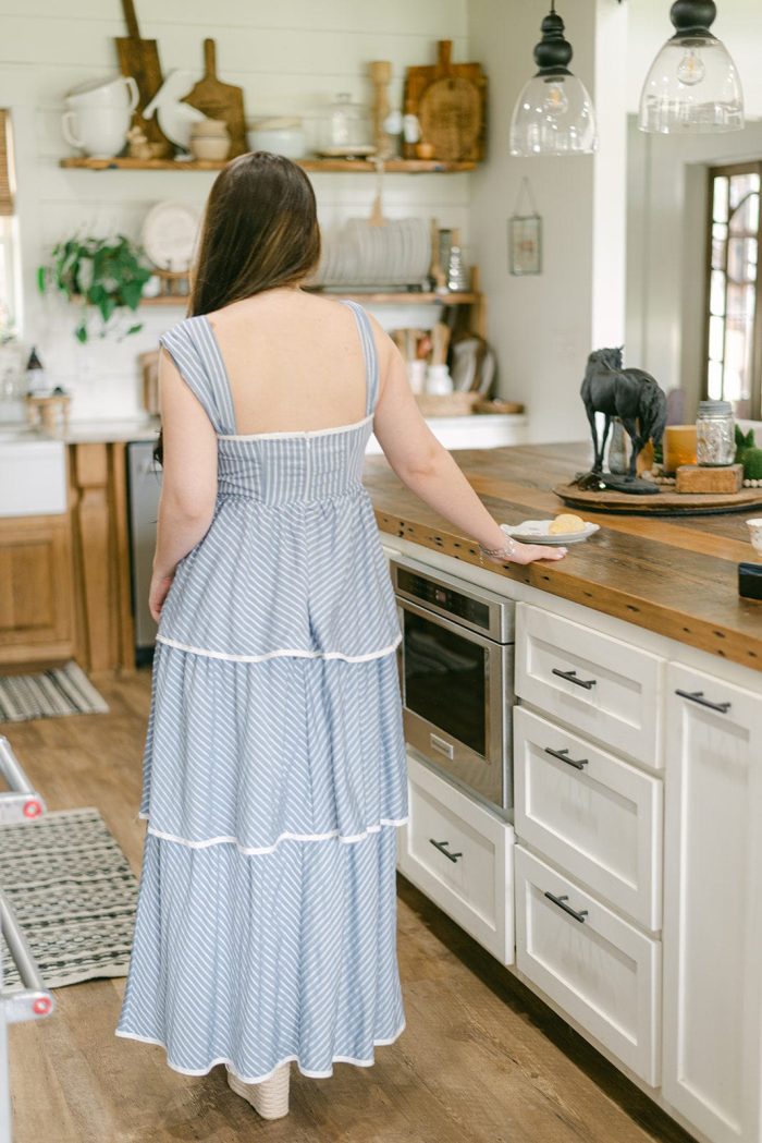Blue Striped Tiered Ruffle Midi Dress - Image 2