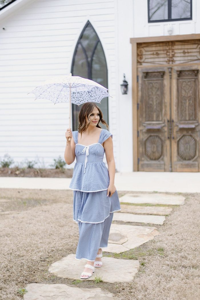 Blue Striped Tiered Ruffle Midi Dress - Image 3
