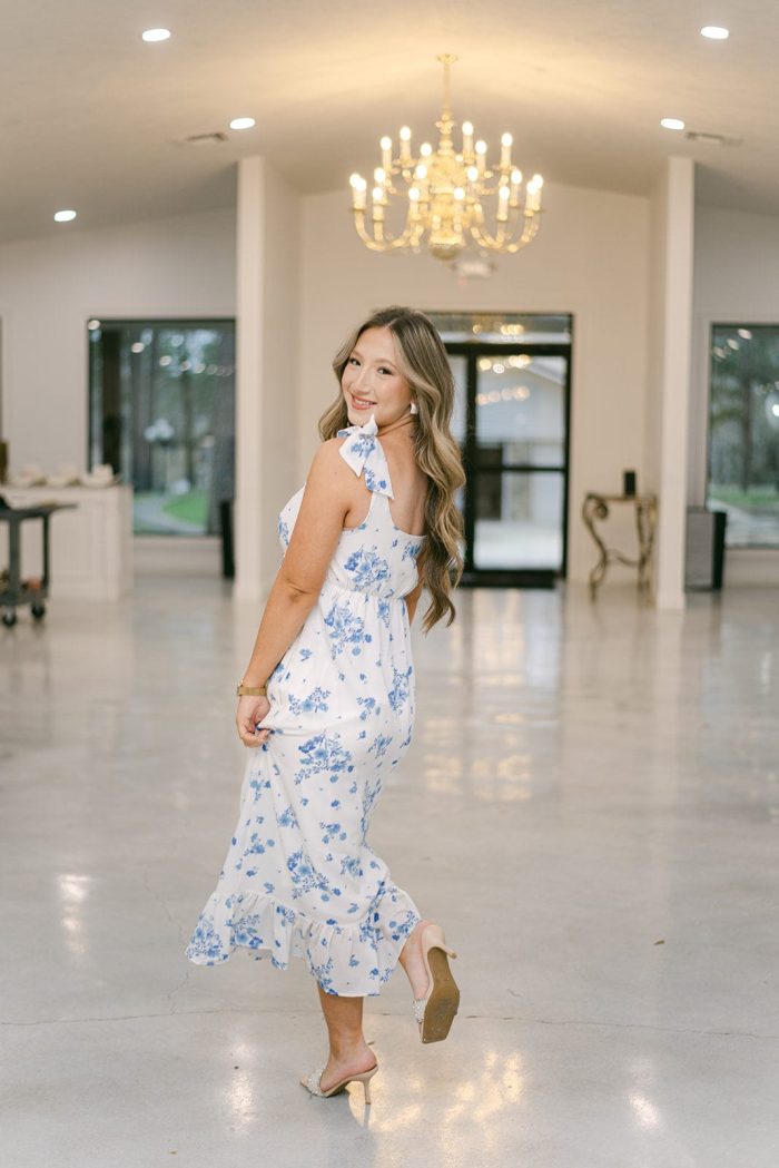 Blue & White Floral Shoulder Tie Midi Dress - Image 5
