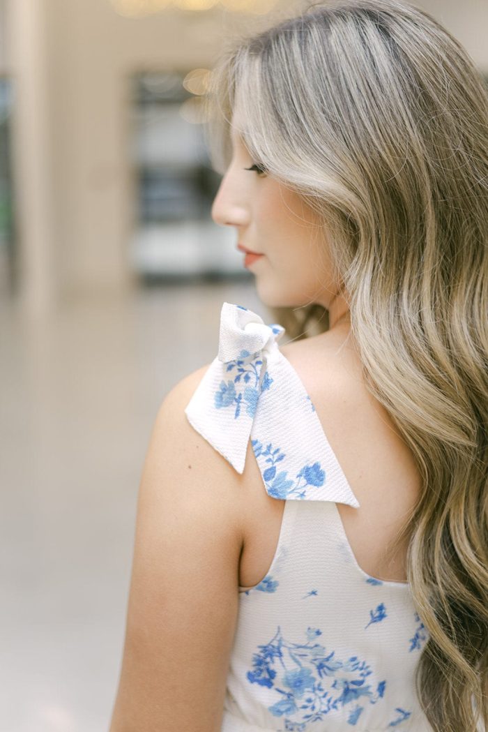 Blue & White Floral Shoulder Tie Midi Dress - Image 7