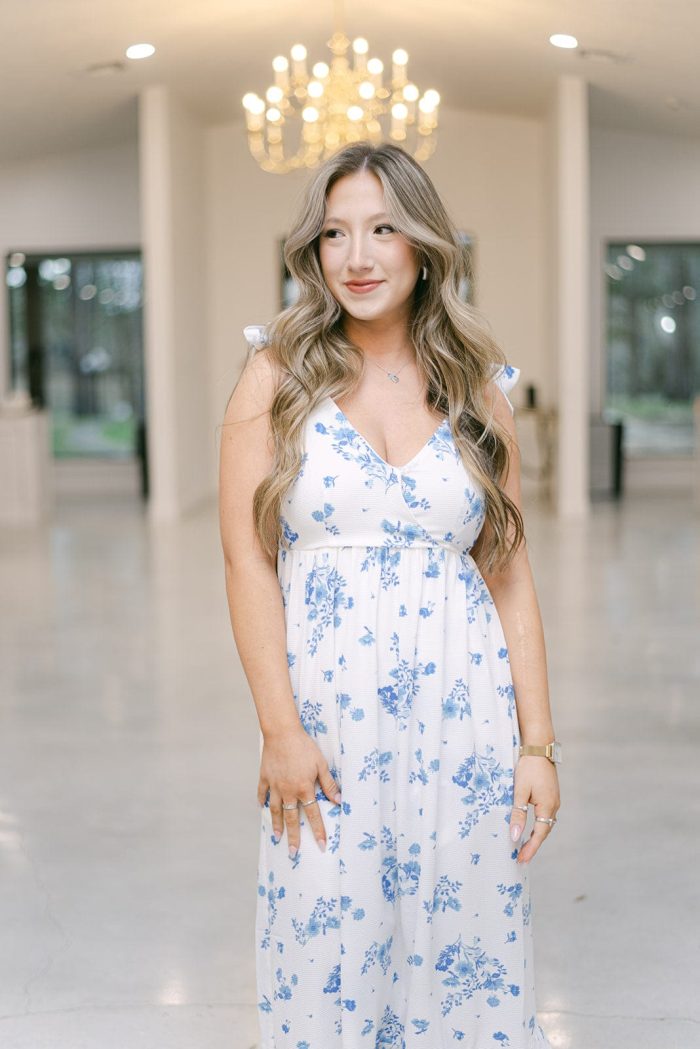 Blue & White Floral Shoulder Tie Midi Dress - Image 8