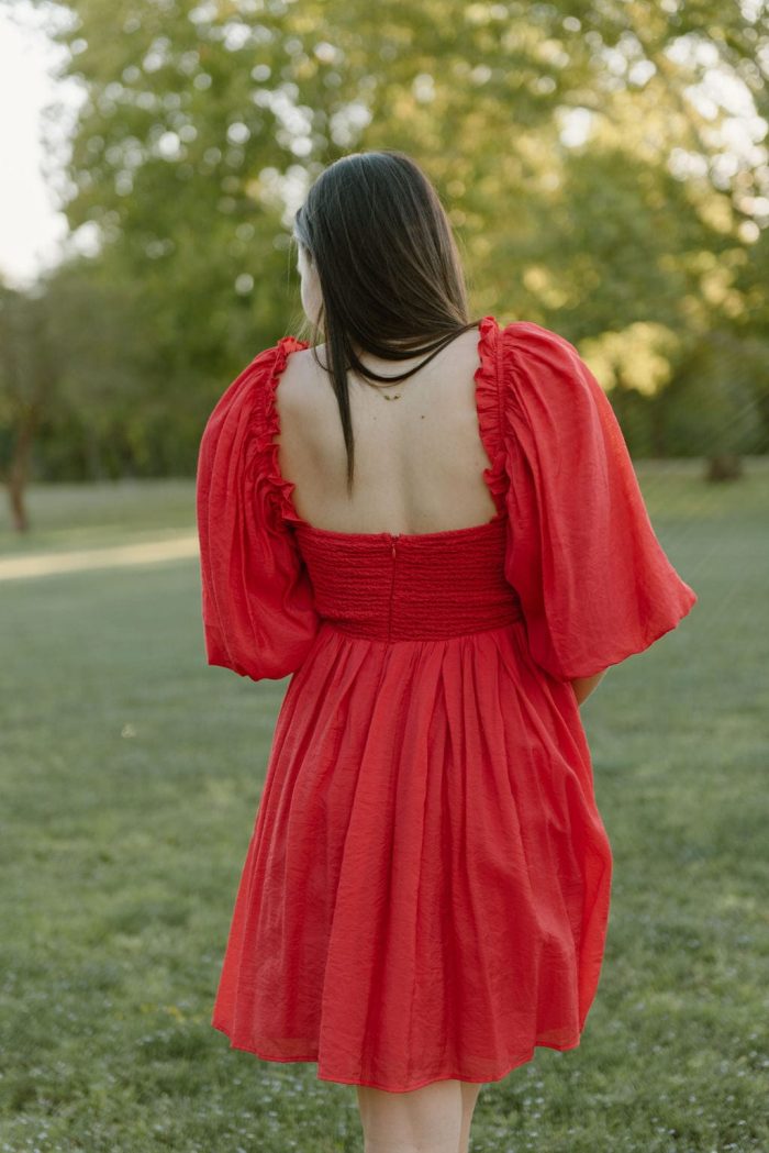 Red Puff Sleeve Smocked Mini Dress - Image 2