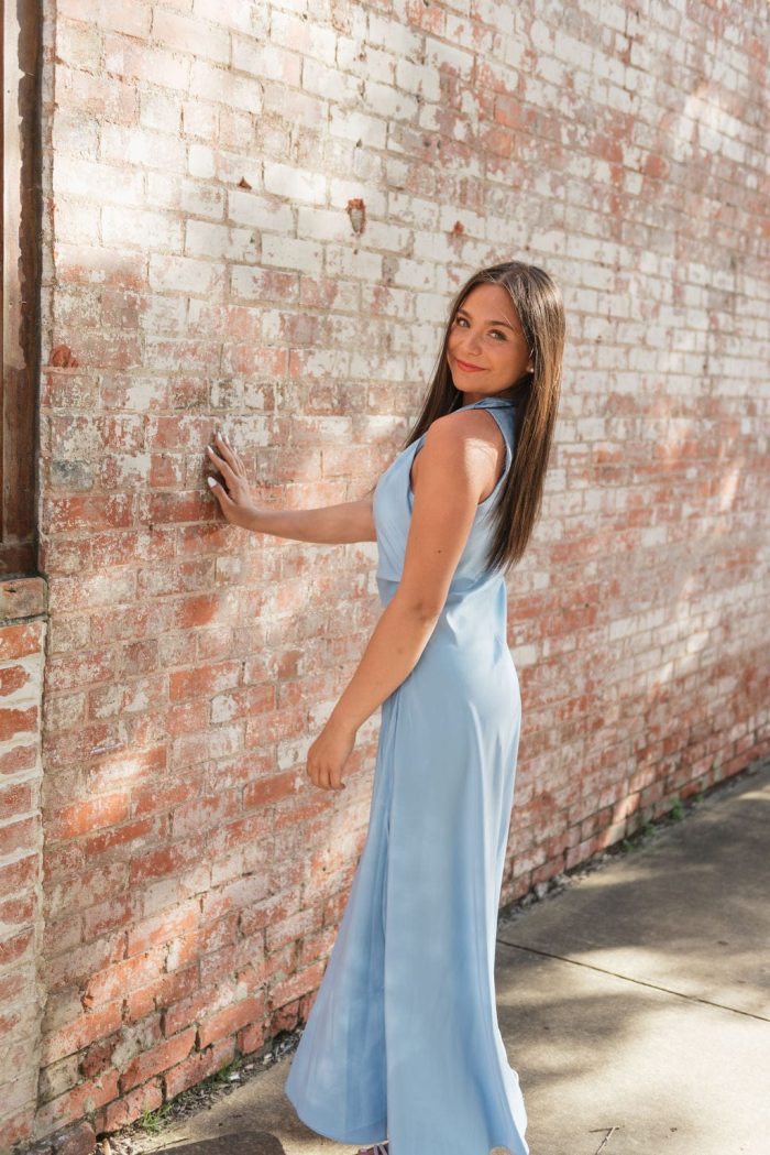 Blue Satin Draped Detail Midi Dress - Image 3