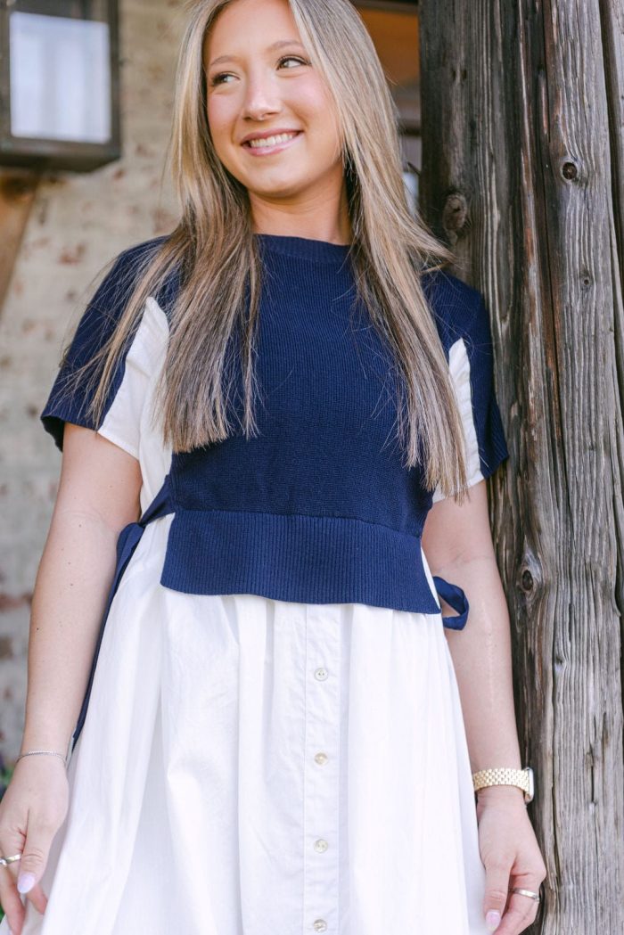 Navy Knit Detail Button Down Dress - Image 4