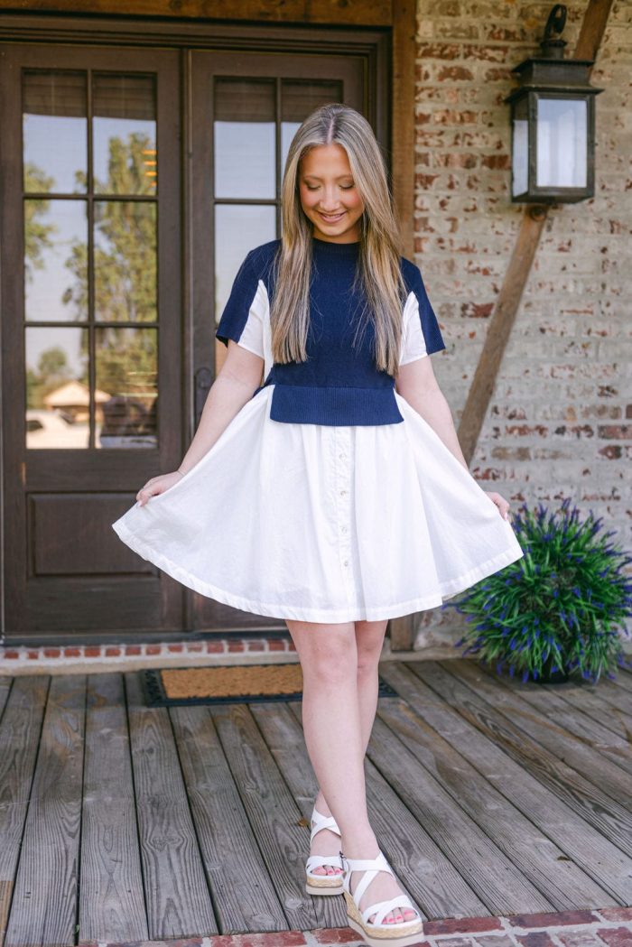 Navy Knit Detail Button Down Dress