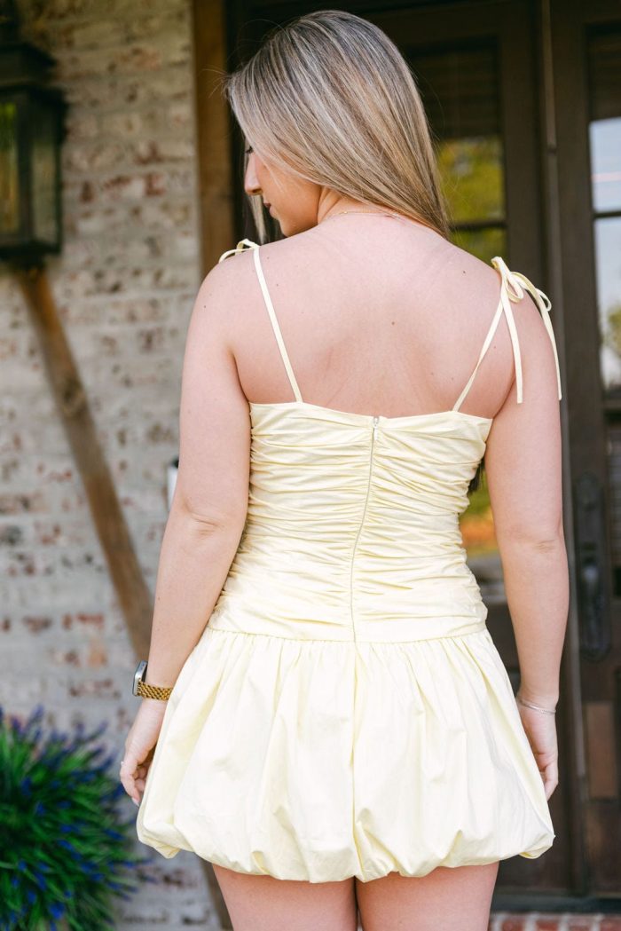 Yellow Shoulder Tie Bubble Hem Dress - Image 2