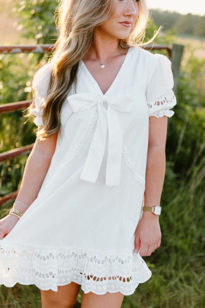 White Eyelet Lace Bow Front Dress - Image 3