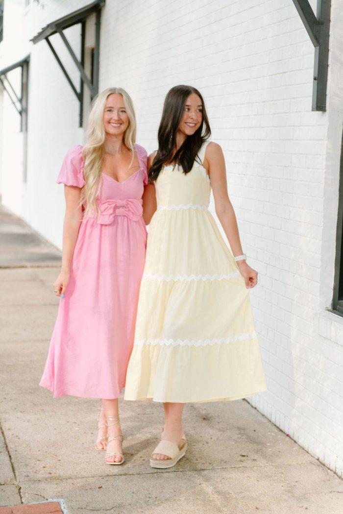 Pink Bow Front Puff Sleeve Midi Dress - Image 5