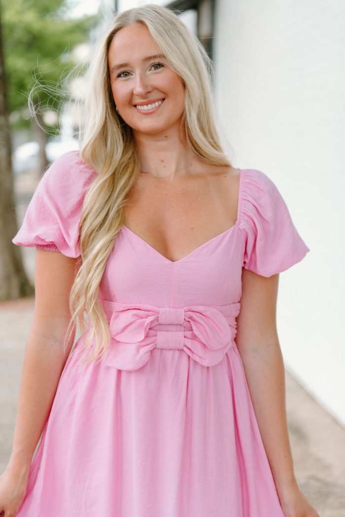 Pink Bow Front Puff Sleeve Midi Dress - Image 3