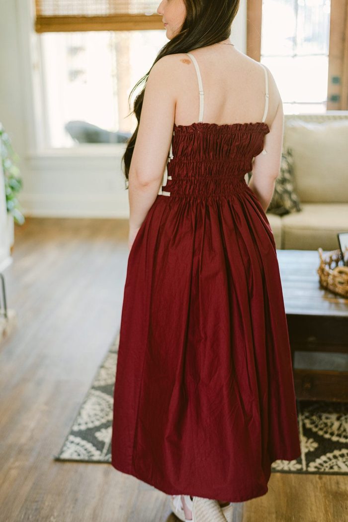 Burgundy Poplin Tie Detail Midi Dress - Image 2