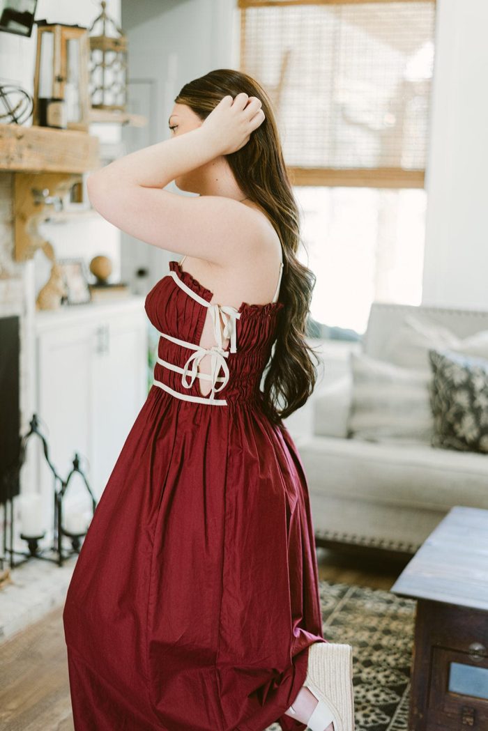 Burgundy Poplin Tie Detail Midi Dress - Image 4