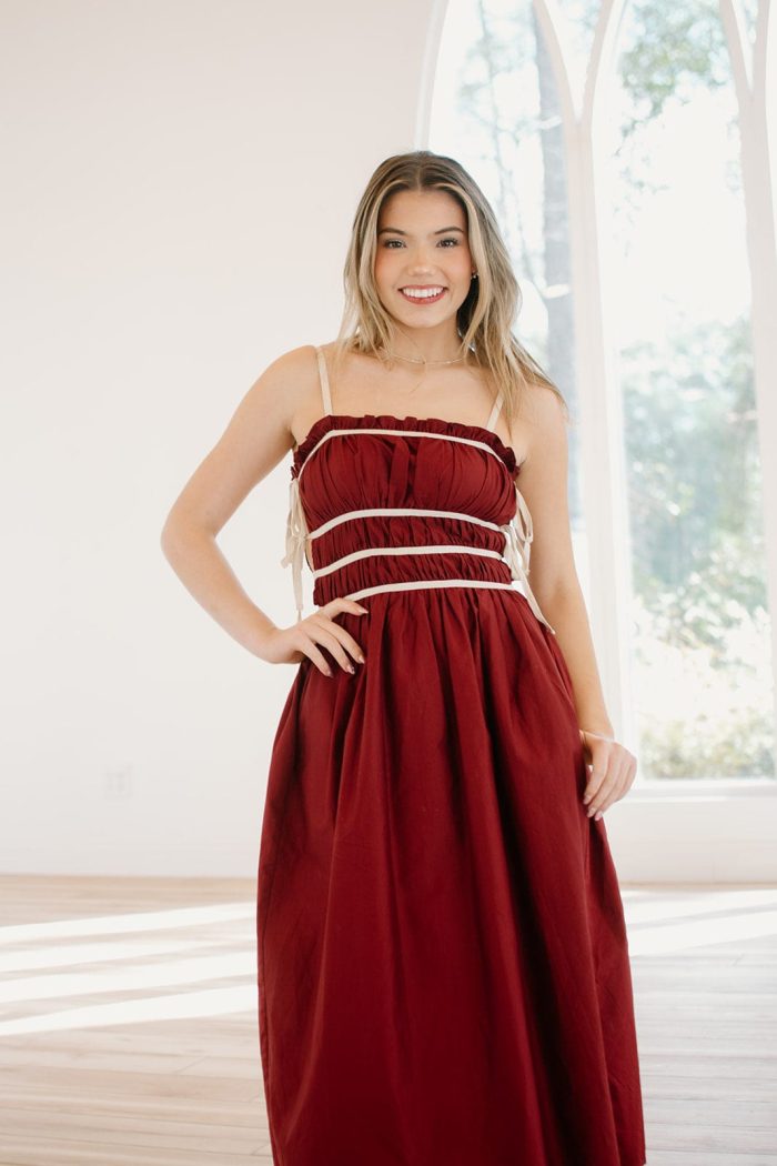 Burgundy Poplin Tie Detail Midi Dress - Image 5